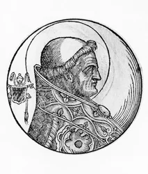 Portret van Sint Celestine I, 43e paus van de Katholieke Kerk, gravure