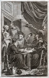 Het feest van monniken die kloosterregels overtreden. Ze drinken wijn, flirten met de dienstmeisjes. 18e eeuw (gravure)