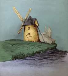 Molen in Normandië, Frankrijk. circa 1830 (illustratie)