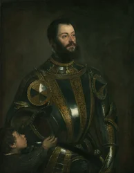 Portret van Alfonso d’Avalos, markies van Vasto, in harnas met een page