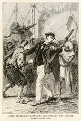 Na het krachtig afwijzen van de fellahs die hun hulp aanboden, uit De Reis om de Wereld in Tachtig Dagen door Jules Verne (1828-1905), gegraveerd door Henri-Théophile Hildebrand (1824-1897) 1873 (gravure)