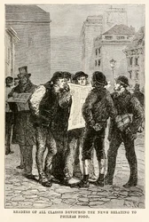 Lezers van alle klassen verslonden het nieuws over Phileas Fogg, uit De Reis om de Wereld in Tachtig Dagen door Jules Verne (1828-1905), gegraveerd door Louis Dumont (b.1822) 1873