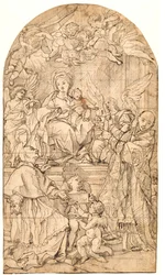 De tronende Madonna met Kind, geflankeerd door engelen en de heiligen Carolus Borromeus en Ignatius van Loyola
