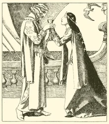 Belle Isoult en Sir Tristram drinken de liefdesdrank