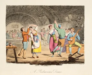 Een Piëmontese Dans, uit Italiaanse Scènes, die de Manieren, Gewoonten en Amusementen van de verschillende Staten van Italië vertegenwoordigen, uitgegeven 1806