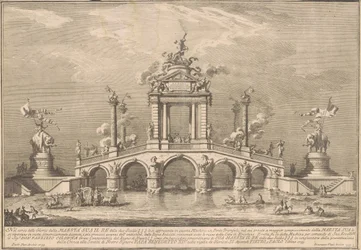 De Prima Macchina voor de Chinea van 1755: Een triomfbrug met antiquiteiten uit Herculaneum