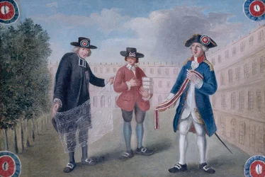 Aan de drie standen. Uithangbord van een handelaar in kokardes in het Palais-Royal. Palais-Royal, 1e arrondissement, Parijs
