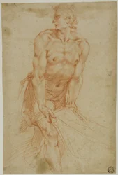 Man trekt aan laken: Studie voor de Graflegging [Sacristie van de Certosa di San Martino, Napels, 1596].
