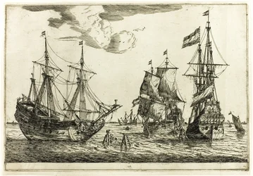 Drie aangemeerde zeilschepen, uit Dertien Marinescènes
