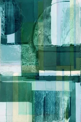 Gelaagde abstracte compositie in groen en blauw