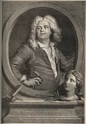 Portret van Guillaume Coustou (1677-1746), Franse beeldhouwer - gravure door Larmessin naar J.de Lien