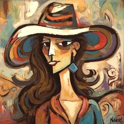 Schilderij van een elegante vrouw met hoed