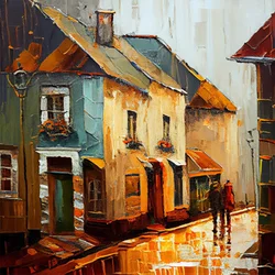 Mooi schilderij van buurt huizen, Oud dorp