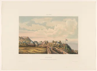 Sint-Eustatius. Gezigt op het Fort Oranje, de krater, genomen van de pastorij