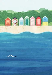 Kleurrijke strandhutten – Zwemmen in de oceaan