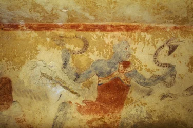 Blauwe Demon met slangen, fresco, Graf van de Blauwe Demonen, Necropolis van Tarquinia (UNESCO Werelderfgoedlijst, 2004), Lazio, Italië. Etruskische beschaving, 5e eeuw v.Chr.