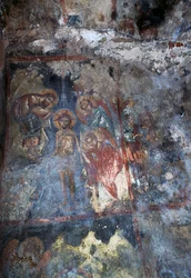 Christus en engelen, fresco in Byzantijnse kerk van Agios Constantinos en Agia Eleni, Voukolies, Kreta, Griekenland (foto)