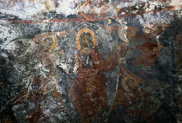 Christus met engelen en heilige, fresco in kerk van Panagia, Kitiros, Kreta, Griekenland (foto)