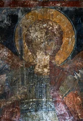 Beeld van heilige, fresco in Byzantijnse kerk van Agios Constantinos en Agia Eleni, Voukolies, Kreta, Griekenland