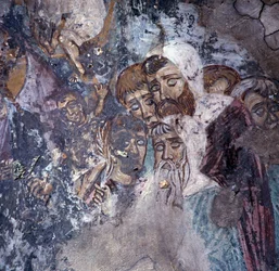 Groep mannen, fresco in kerk in Kandanos, Kreta, Griekenland