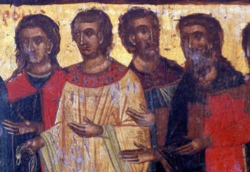 Mannelijke figuren, houten paneel in Byzantijnse kerk van Palea Roumata, Kreta, Griekenland