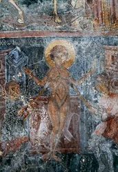 Martelaarschap van Christus, fresco in Byzantijnse kerk van St. George, Komitades, Kreta, Griekenland (foto)