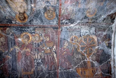 Religieus-thema fresco, door Ioannis Pagomenos, fresco in Byzantijnse kerk van St George, Anidri, Kreta, Griekenland