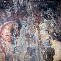 Heilige te paard, fresco in kerk in Palaia Roumata, Kreta, Griekenland
