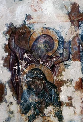 Heiligen, beschadigde fresco in Byzantijnse kerk van Agios Constantinos en Agia Eleni, Voukolies, Kreta, Griekenland