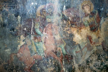 Heiligen te paard, fresco in Byzantijnse kerk van Agios Athanasios, Kefali, Kreta, Griekenland