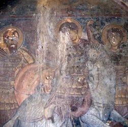 Heiligen te paard, fresco in kerk in Kandanos, Kreta, Griekenland (detail)
