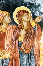 St. Longinus en Maria, kruisigingsscène, fresco in Mikro Sotiris klooster, Symi eiland, Griekenland (foto)