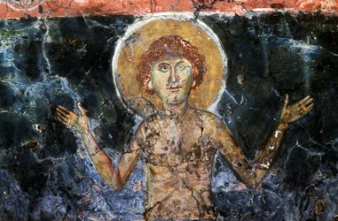 Christus, fresco in de Byzantijnse kerk van Agios Georgios Sfakiotis, Diavaide, Kreta, Griekenland
