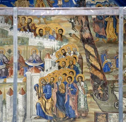 St. Peter opent de poorten van de hemel, Laatste Oordeel fresco in het klooster van Timios Prodromos, Serres, Centraal Macedonië, Griekenland