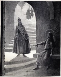 Wees een christen, ik zal je ridder maken, de woorden van Lodewijk IX, gezegd tegen een Saraceense leider die de gevangenis binnenkwam om zichzelf tot ridder te maken. Illustratie van Job (Jacques Marie Gaston Onfray en Breville)