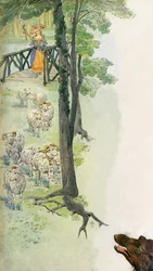 Herder die zijn schapen hoedt in het veld, onder de dreigende blik van een wolf - Illustratie door Job (Jacques Marie Gaston Onfroy de Breville) voor het boek "La Cantiniere" door G. Montorgueil, circa 1900