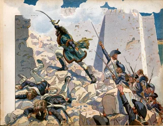 Campagne (Expeditie) van Egypte: Joachim Murat (1767-1815) bij het beleg van Sint-Jan van Acre in Egypte. Gravure door Jacques Marie Gaston Onfray de Breville, genaamd Job