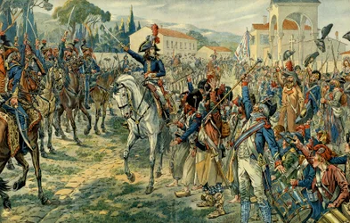 Eerste Italiaanse veldtocht (1796-1797): Napoleon I Bonaparte (1769-1821) inspecteerde het Leger van Italië in Nice op 27 maart 1796. Illustratie door Jacques Marie Gaston Onfray de Breville, genaamd JOB (1858-1931). Privécollectie