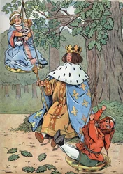 Geschiedenis van Frankrijk. Scène uit het leven van Saint Louis in speelgoed: koning Lodewijk IX, bekend als Saint Louis, spreekt recht aan de voet van een eik. In 