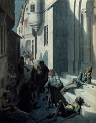 Geschiedenis van Frankrijk in de Middeleeuwen: Francois de Montcorbier bekend als Francois Villon (1431-1463?), dichter, die zijn werken componeert in de armoede van de straten van Parijs. Illustratie door Jacques Marie Gaston Onfray de Breville, bekend al
