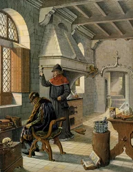 Geschiedenis van Frankrijk in de Middeleeuwen: Jacques Coictier, eerste arts van de koning van Frankrijk Lodewijk XI genaamd de Voorzichtige (1423-1483), bereidt een remedie voor hem. Illustratie door Jacques Marie Gaston Onfray de Breville, bekend als JOB