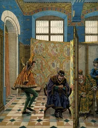 Geschiedenis van Frankrijk in de Middeleeuwen: Een van de heren van de Connetable van Saint Pol bespot de koning van Engeland (zijn bondgenoot) voor koning Lodewijk XI de Voorzichtige (1423-1483) wanneer een gezant van Edward IV Lodewijk ontmoet