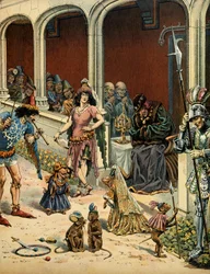 Geschiedenis van Frankrijk in de Middeleeuwen: Koning Lodewijk XI genaamd de Voorzichtige (1423-1483) veroudert in zijn kasteel van Plessis-les-Tours in gezelschap van zigeuners die kwamen vermaken. Illustratie door Jacques Marie Gaston Onfray de Breville,