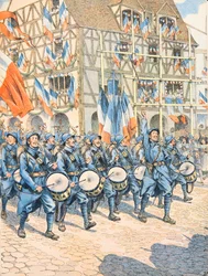Franse militairen zegevierend in een dorp in de Elzas tijdens de Eerste Wereldoorlog, Privécollectie