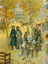 Jean Andoche Junot (1771-1813) en Napoleon I Bonaparte (1769-1821) wandelen langs Boulevard de Coblenz in Parijs. Illustratie door Jacques Marie Gaston Onfray de Breville, bekend als JOB (1858-1931)