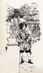 Koning Lodewijk XIV van Frankrijk genaamd Zonnekoning (1638-1715) met zijn hovelingen in de tuinen van Versailles. Illustratie van Job (Jacques Marie Gaston Onfray en Breville) (Jacques-Marie) (1858-1931) voor het boek 