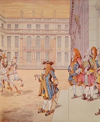 Lodewijk XIV in de binnenplaats van Versailles die zijn beroemde zin 