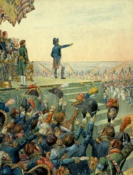 Napoleon I Bonaparte (1769-1821) verdeelt de kruisen van het Legioen van Eer aan het leger van het militaire kamp van Boulogne op 16 augustus