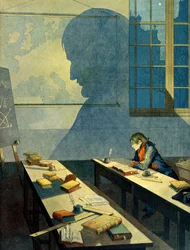 Napoleon I Bonaparte (1769-1821) studeert aan de Koninklijke Militaire School van Brienne. Zijn schaduw valt op de geografische kaart van Europa. Illustratie door Jacques Marie Gaston Onfray de Breville, bekend als JOB