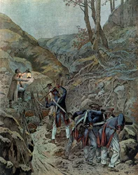 Pruisische campagne (1806): De troepen werkten aan het verbreden van een doorgang voor kanonnen aan de voet van de berg Iena aan de vooravond van de slag (die plaatsvond op 14 oktober)